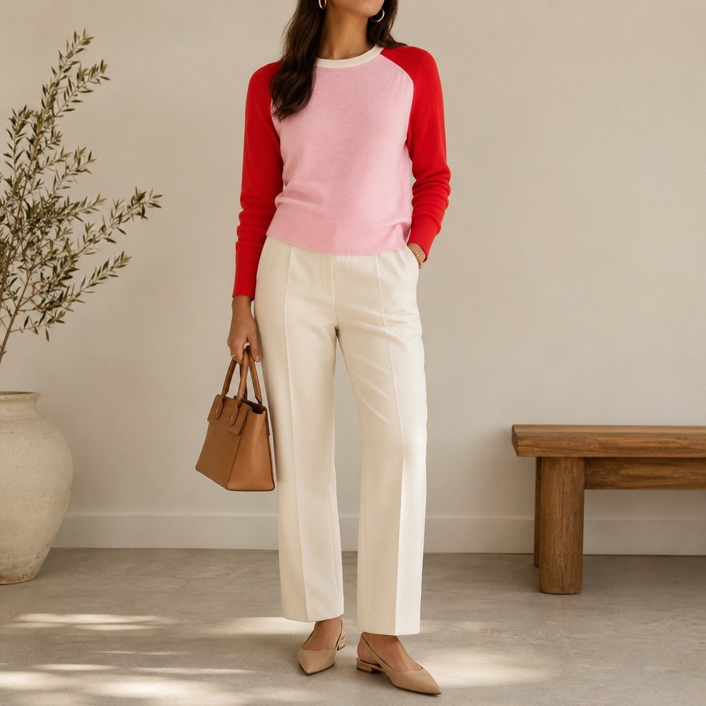 Banana Republic Red Pink Sweater M Merino Wool Colorblock Raglan Preppy Office